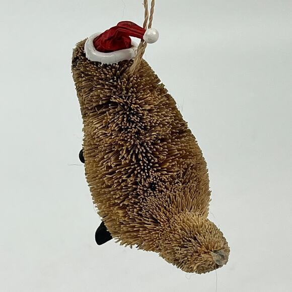 Brown Bottle Brush Animal Ornament Beaver Santa Hat 3" Rustic Holiday Hanging - Picture 4 of 6